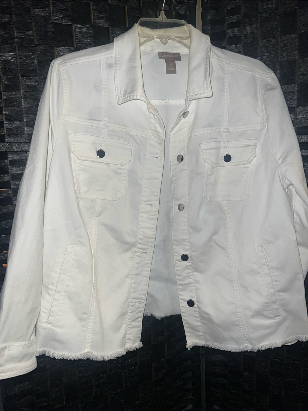 Chico's size 2 White Denim Jacket with Frayed Hem